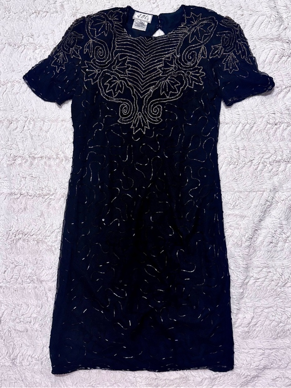 Vintage JMC New York Hand Beaded Silk Dress Black Cocktail LBD Petite Medium